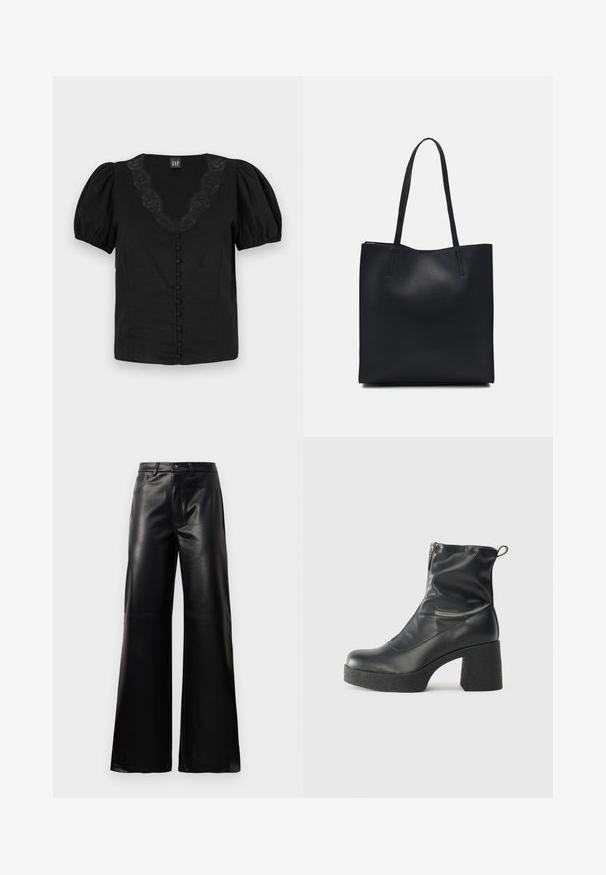 Črna bluzica z napihnjenimi rokavi, V-izrezom z čipkastimi detajli in obloženimi sprednjimi gumbi. Narejena iz lahkotnega blaga z gladko teksturo.; Črne široke hlače iz umetnega usnja z visokim pasom, sprednjim gumbom, zadrgo, zanke za pas in stranskimi žepi na beli podlagi.; Črne gležnjarje iz gladke kože z božnim zadrgo, masivnim teksturiranim peto in zaobljeno obliko prstov.; Črna usnjena torba s svilnato teksturo, pravokotne oblike in dvema dolgima ročajema. Brez vidnih metalnih delov ali okrasnih elementov.