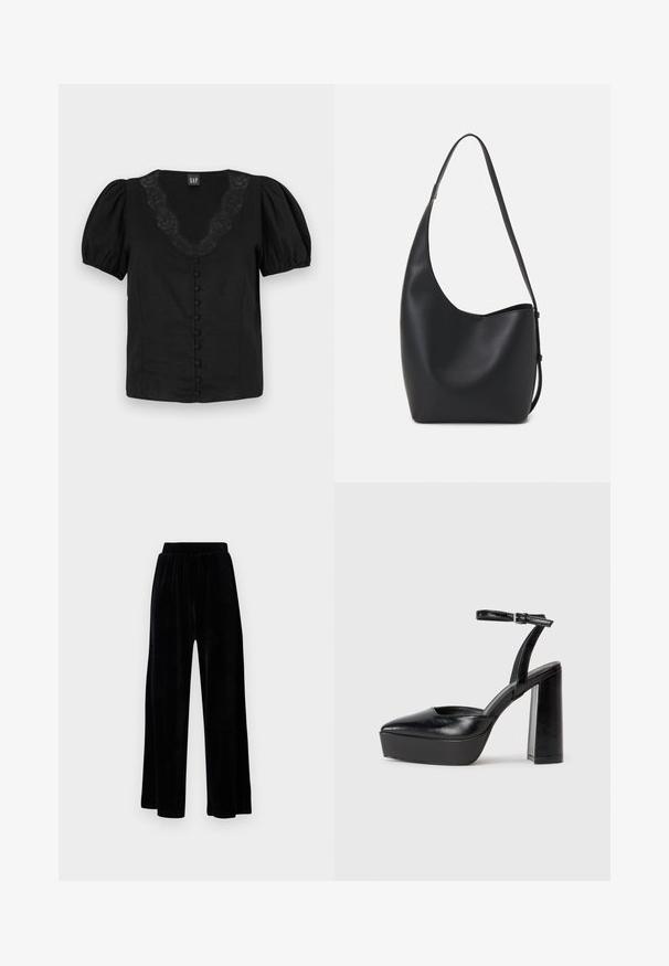 Blusa preta com mangas bufantes, decote em V com detalhamento em renda e botões frontais forrados. Feita em tecido leve, com textura suave.; Calças largas pretas feitas de veludo suave, com um cós elástico e uma textura lisa, sem detalhes ou padrões visíveis.; Saltos altos pretos com bico fino e atilho ajustável no tornozelo. Confeccionados em couro suave, apresentam um salto bloco robusto.; Saco hobo preto em pele com uma textura lisa, forma curva e uma única alça ajustável; apresenta uma abertura larga na parte de cima.
