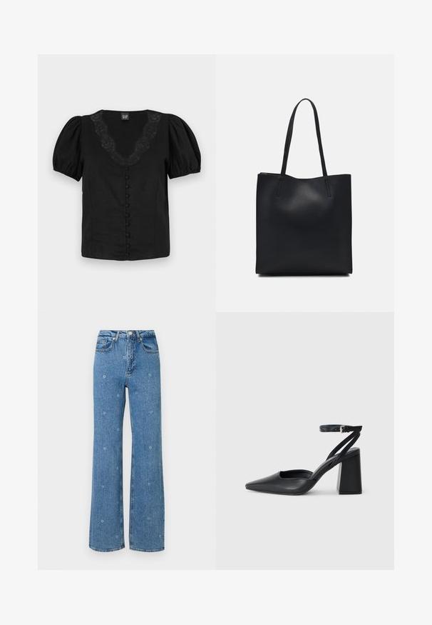 Blusa nera con maniche a palloncino, scollatura a V con dettagli in pizzo e bottoni frontali foderati. Realizzata in tessuto leggero, di consistenza liscia.; Jeans blu a vita alta con gamba dritta, impreziositi da piccoli ricami floreali bianchi sparsi sul tessuto.; Pump in pelle nera con punta affusolata, cinturino alla caviglia e tacco spesso. Texture piatta, design elegante ed estetica minimalista.; Borsa tote in pelle nera con texture liscia, forma rettangolare e due manici lunghi. Nessun hardware o decorazione visibile.