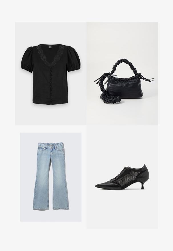 Black blouse with puff sleeves, V-neckline featuring lace detail, and lined front buttons. Made from lightweight fabric, smooth texture.; Weekday NOVA - Slim fit jeans - lip blue; Black pointed-toe shoe with a mesh panel design, featuring a low heel and lace-up front. Made from a combination of leather and mesh material.; Black faux leather handbag with a crocodile texture, cinched top, and a scrunched strap. Appears soft and compact in design.