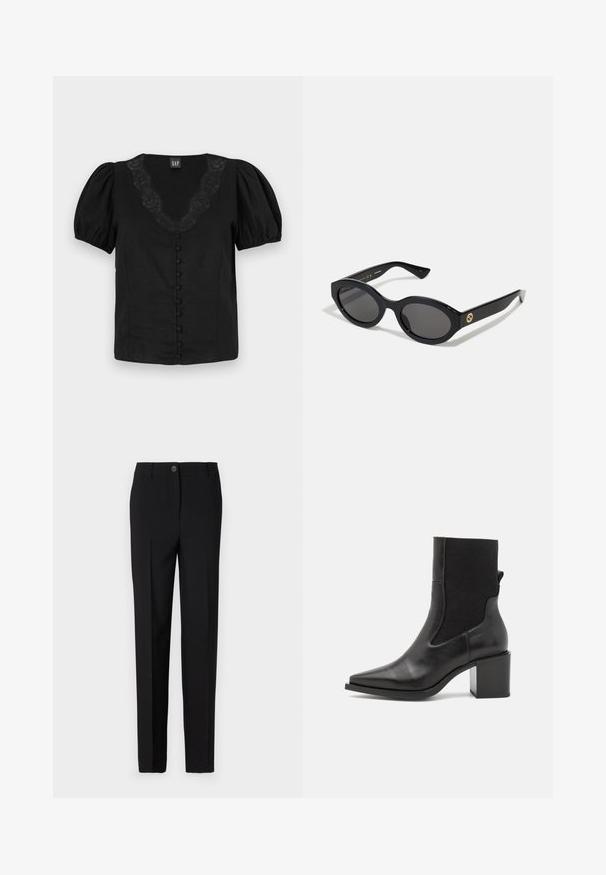 Fekete blúz puffos ujjal, V-kivágással, csipkés részletekkel és bélelt előlapi gombokkal. Könnyű anyagból készült, sima textúrával.; Fekete, egyenes lábú, szabott nadrág, gombos záródással és övhurkokkal, sima anyagból készült.; Fekete bokacsizma hegyes orral, sima bőrből és elasztikus szövetből készült. Tömör sarokkal és minimalista dizájnnal rendelkezik.; Fekete ovális napszemüveg sötét lencsékkel és fényes műanyag kerettel. Aranyszínű logóval rendelkezik a szárán, amely elegáns és modern megjelenést biztosít.; Kék, mintás, szövetből készült kézitáska, ívelt formával, fekete bőr pánttal és világosabb árnyalatú logóval.