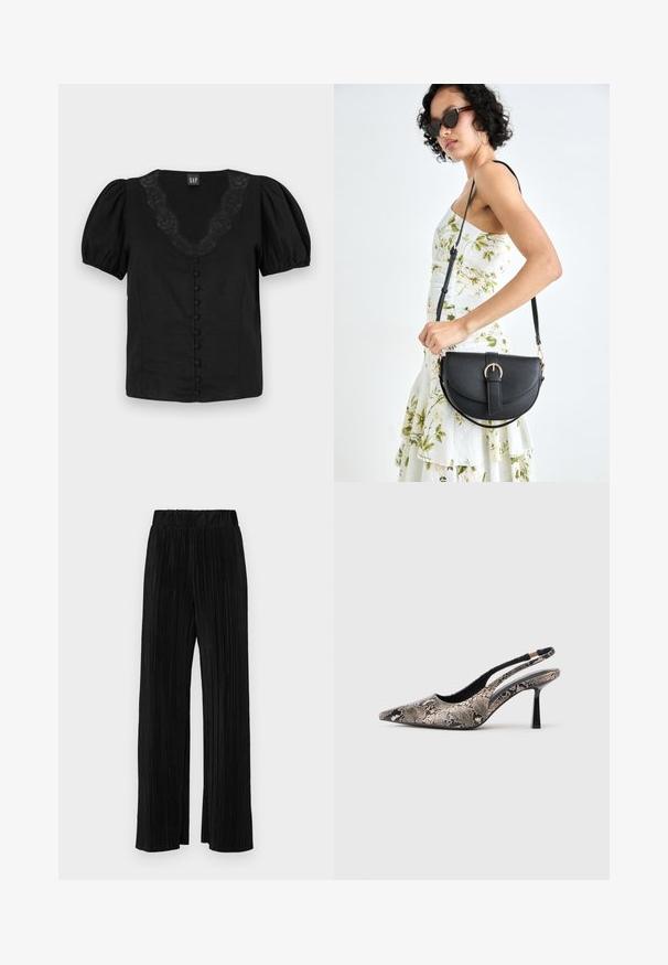 Black blouse with puff sleeves, V-neckline featuring lace detail, and lined front buttons. Made from lightweight fabric, smooth texture.; Black pleated trousers with an elastic waistband. Features wide legs and a smooth, textured fabric with vertical stripes.; Pointed-toe slingback shoes made of textured snake print material, featuring a slender black heel and a cutout design on the sides.; Black leather handbag with a curved shape, detachable strap, and gold hardware. The bag features a flap with a buckle detail.
