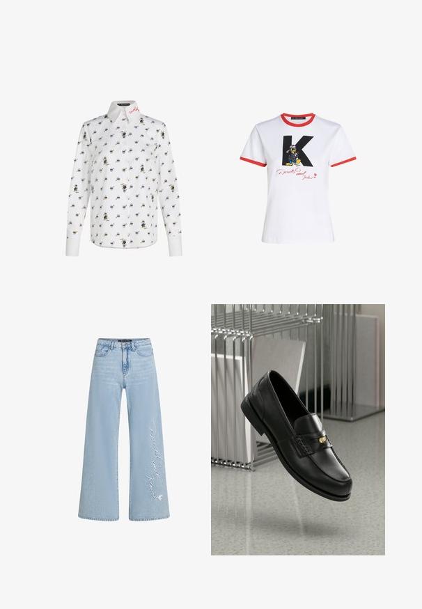 Valkoinen pitkähihainen paita, jossa on toistuva kuvasto sarjakuvahahmoista. Kauluksessa brodeerattu punainen logo. Pehmeä kangas, istuva malli.; Valkoinen puuvillapaita, jossa on punainen kaulus ja hihansuiden reuna. Paidassa on musta 'K' ja Mikki Hiiri -grafiikka punaisella allekirjoituksella.; Vaaleansiniset leveälahkeiset farkut denimistä, joissa on vasemmassa lahkeessa brodeerattu "Donald ja Daisy" -teksti. Omatoiminen viiden taskun muotoilu ja vyölenkit.; Musta nahkainen loafers-malli, jossa on sileä pinta, koristeellinen nauha ja pieni kultainen yksityiskohta. Pohja on tasainen ja varvasosa pyöristetty.