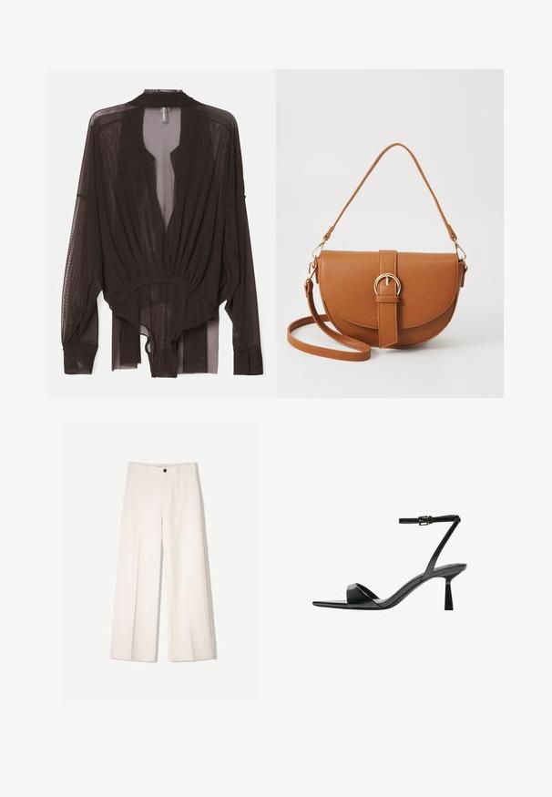 Sorte gennemsigtige bluse med lange ærmer, rynket talje og åben frontdesign. Letvægtsstof med en glat tekstur og flydende silhuet.; Cremefarvede bukser med bred benvidde og skræddersyet design, der har to forlommer og en enkelt frontknaplukning, lavet af et glat stof.; Bershka Højhælede sandaletter / Højhælede sandaler - black; Brun læder crossbody taske med en buet form, guldfarvet hardware og en spændeaccent. Har en aftagelig skulderrem.