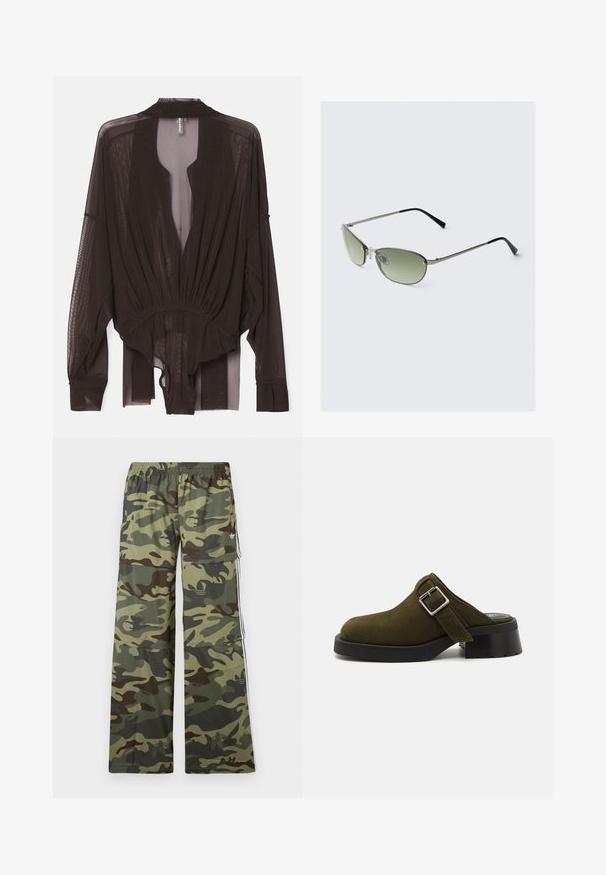 Bluză neagră transparentă cu mâneci lungi, talie strânsă și design deschis în față. Fabrică ușoară, cu o textură netedă și o siluetă fluidă.; Pantaloni cargo cu model camouflage în nuanțe de verde și maro, cu un design cu picioare largi, talie elastică și buzunare laterale cu dungi.; Mule din zamac verde olive cu un toc scăzut și gros negru. Are o curea laterală cu o cataramă argintie pentru ajustare. Textură netedă în general.; Ochelari de soare metalici cu lentile verzi alungite, ramă subțire de argint și vârfuri de templu negre. Dispune de pernuțe mici pentru confort.
