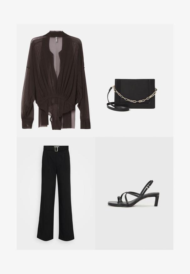 Svart gjennomsiktig bluse med lange ermer, samlet midje og åpen frontdesign. Lett stoff med en jevn tekstur og flytende silhuett.; Svarte vide bukser laget av lett materiale, med en glatt tekstur, frontfolding og et belte med firkantet metallspenne.; Sorte sandaler med stropper, firkantet tå og lav blokk hæl. Har flere tynne stropper og en justerbar ankelstropp. Laget av glatt lær.; Svart lær crossbody-veske med glatt tekstur, rektangulær form og metallkjede detaljer på framsiden. Justerbar stroppe inkludert.