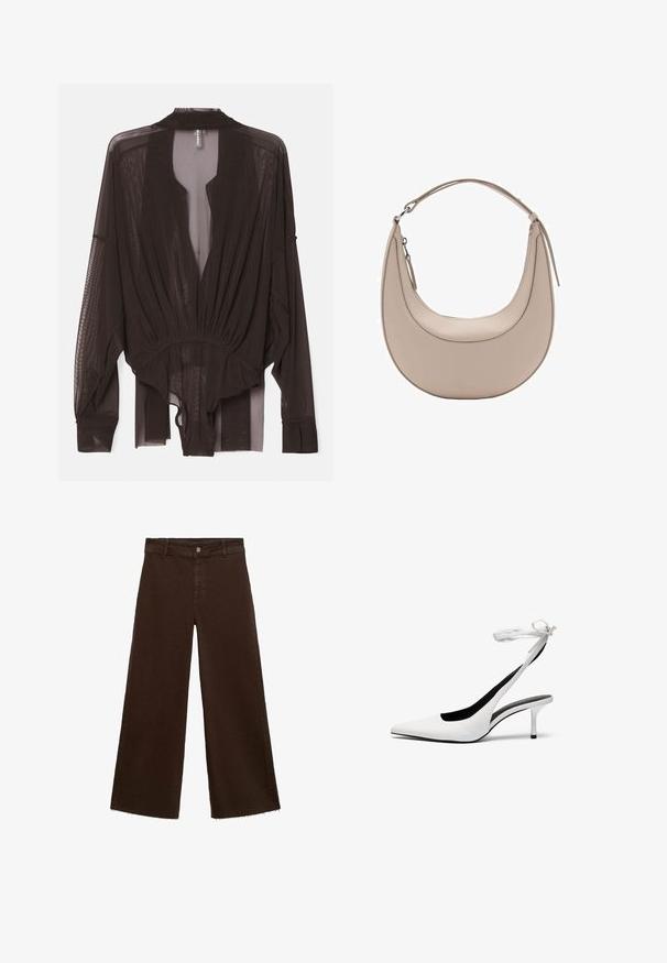 Bluză neagră transparentă cu mâneci lungi, talie strânsă și design deschis în față. Fabrică ușoară, cu o textură netedă și o siluetă fluidă.; Pantaloni largi maro dintr-un amestec de bumbac, cu un tiv desfăcut, închidere cu buton frontal și un design clasic cu cinci buzunare. Minimalist și versatil.; Pantofi cu toc slingback albi, cu vârful ascuțit și curea subțire la glezna. Material din piele netedă, toc subțire stil stiletto și căptușeală interioară neagră.; Geantă de umăr din piele bej, cu o formă de semilună, textură netedă și un singur mânere curbat. Dispune de o închidere cu fermoar și cusături bine realizate.