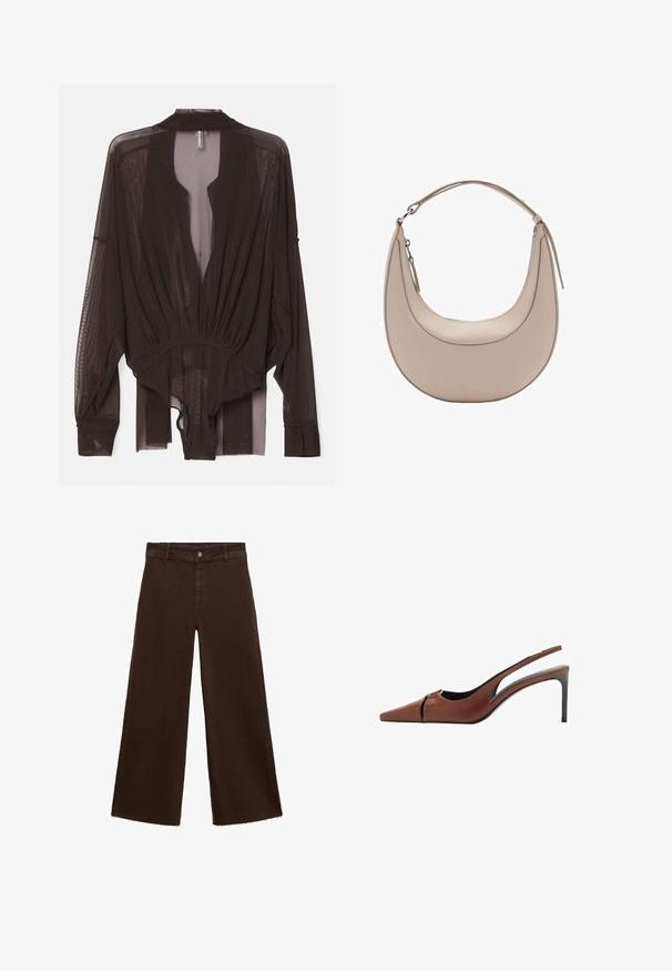 Crna prozirna bluzica s dugim rukavima, skupljenim strukom i otvorenim prednjim dijelom. Lagani materijal s glatkom teksturom i lepršavim siluetom.; Smeđe široke hlače od pamuka, s raspucanim rubom, prednjim kopčanjem na dugme i klasičnim dizajnom s pet džepova. Minimalističke i svestrane.; Smeđa kožna slingback potpetica s iznimno šiljastim vrhom, izrezanom detaljom na gornjem dijelu i elegantnom stiletto potpeticom. Glatka tekstura.; Bež kožna torba za rame u obliku polumjeseca, glatke teksture i s jednim zakrivljenim ručkom. Sadrži zatvor na zip i uredno šivenje.