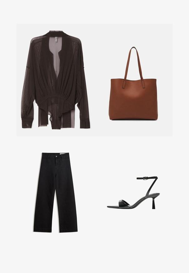 Black sheer blouse with long sleeves, gathered waist, and open front design. Lightweight fabric with a smooth texture and flowing silhouette.; Black wide-leg denim pants with a high waist, featuring front and back pockets, stitched seams, and a button closure. Smooth texture.; Bershka High heeled sandals - black; Brown leather tote bag with a smooth texture, open top design, and two shoulder straps. Features minimal stitching and no visible hardware.
