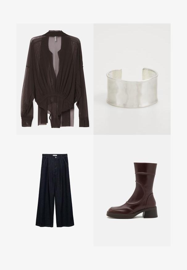 Czarna przezroczysta bluzka z długimi rękawami, marszczonym pasem i otwartym przodem. Lekki materiał o gładkiej teksturze i swobodnym kroju.; Ciemnoniebieskie spodnie o szerokich nogawkach z wysokim stanem, z zamknięciem na guzik z przodu, dwoma bocznymi kieszeniami oraz detalami w szwach.; MIISTA MALENE brązowy; Zign - Bransoletka