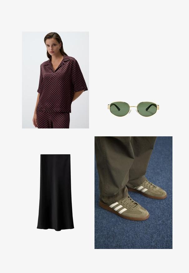 Blouse géométrique rouge et marine en tissu léger, avec un col et des manches courtes, offrant une coupe décontractée.; Deux débardeurs exposés, l'un noir et l'autre blanc. Les deux ont une texture côtelée, des bretelles larges et un décolleté arrondi.; Jupe midi noire en tissu lisse et léger. Présente une coupe droite, sans accessoires visibles, et un design simple sans motifs.; Baskets en daim vert avec trois rayures blanches, semelle en caoutchouc marron et lacets texturés, accompagnées de pantalons vert olive sur un tapis bleu.; Lunettes de soleil avec monture en métal doré et verres teintés verts, de forme ovale, avec branches noires et plaquettes de nez transparentes. Design épuré et minimaliste.