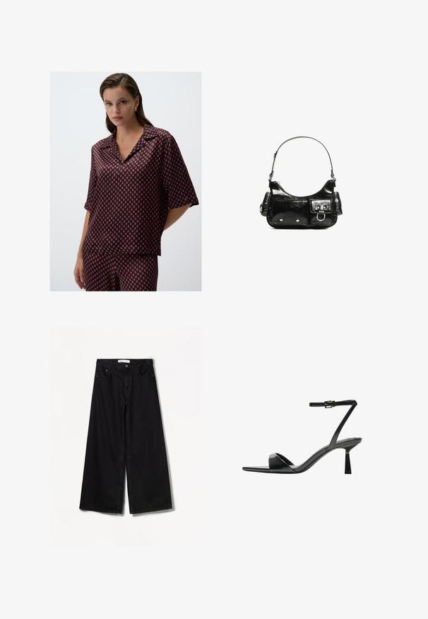 Rode en marineblauw geometrisch patroon blouse van lichtgewicht stof, met een kraag en korte mouwen, in een ontspannen pasvorm.; Bershka WIDE-LEG - Wide leg - black; Bershka Sandalen met hoge hak - black; Zwarte laarzen in lakleer met een gebogen vorm, één schouderband, voorvakken en accenten in zilverkleurig metaal.