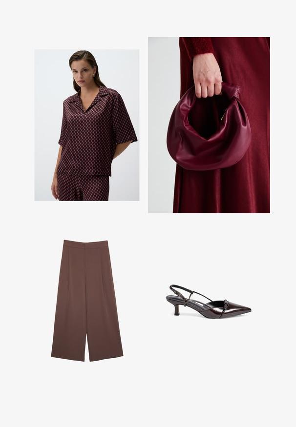 Blouse géométrique rouge et marine en tissu léger, avec un col et des manches courtes, offrant une coupe décontractée.; Pantalons larges marron avec une texture lisse, dotés d'une taille haute et de plis à l'avant. Le tissu est léger et tombe de manière fluide.; Pompe slingback en cuir verni marron avec un talon cubain, un bout pointu, un design à bride croisée et un détail de nœud décoratif à l'avant.; Sac à main en cuir bordeaux au design doux et froncé, avec une forme arrondie. La poignée est fixée, mettant en valeur une texture lisse.