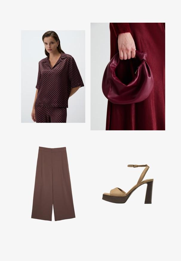 Red and navy geometric-patterned blouse in lightweight fabric, featuring a collared neckline and short sleeves, with a relaxed fit.; Brown wide-leg trousers with a smooth texture, featuring a high waist and front pleats. The fabric is lightweight and flows loosely.; Beige suede high-heeled sandals with a wide front strap and ankle strap, featuring a chunky wooden block heel with a textured finish.; Burgundy leather handbag with a soft, gathered design and a rounded shape. The handle is secured, showcasing a smooth texture.
