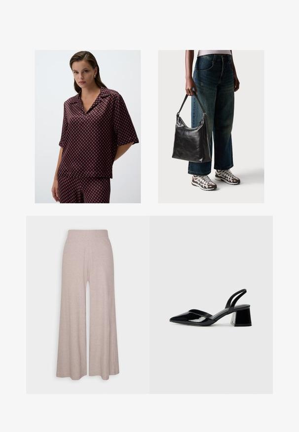 Bluse mit geometrischem Muster in Rot und Marineblau aus leichtem Stoff, mit modischem Kragen und kurzen Ärmeln, in lockerer Passform.; Hellgraue, weit geschnittene Hose aus weichem, geripptem Stoff, mit hohem Bund und langen Beinen, die eine subtile Textur aufweisen.; Schwarze Lackleder-Slingback-High Heels mit spitzem Schuh und einem geometrischen Blockabsatz. Verfügt über ein schlankes, minimalistisches Design und eine glatte Textur.; Schwarze Leder-Schultertasche mit glatter Textur und verstellbarem Riemen, kombiniert mit ausgewaschenen weit geschnittenen Jeans und sportlichen Sneakern.