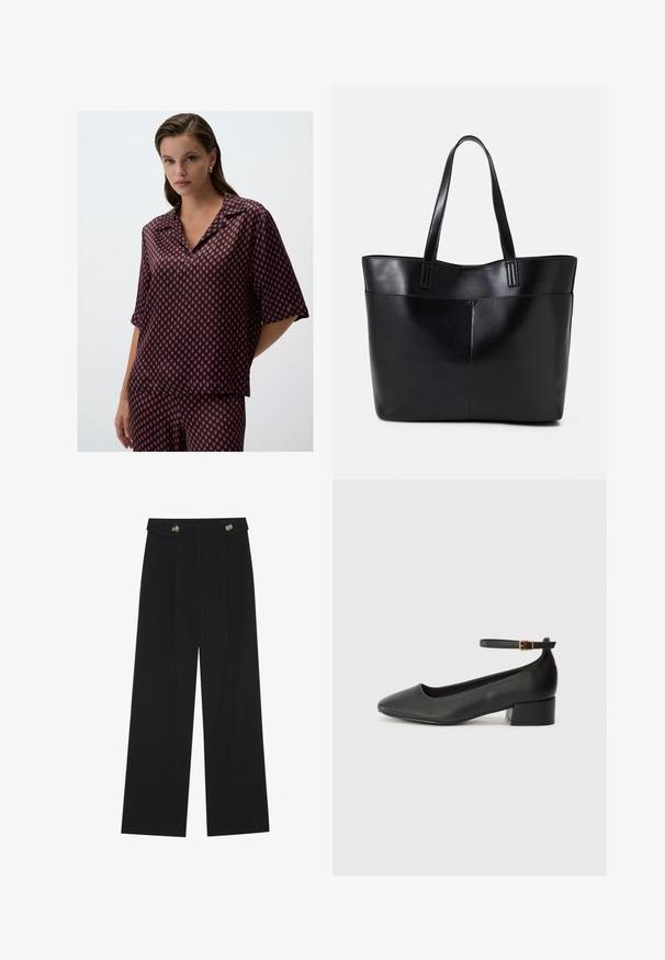 Rode en marineblauw geometrisch patroon blouse van lichtgewicht stof, met een kraag en korte mouwen, in een ontspannen pasvorm.; Zwarte wijde broek met hoge taille, knoopdetails op de tailleband en plooien aan de voorkant.; Zwarte leren pump met een spitse neus en een lage blokhak. Beschikt over een enkelband met een goudkleurige gespsluiting. Gladde textuur.; Zwarte leren tote bag met twee lange handvatten, een zachte textuur en een gestructureerde vorm. Voorzien van een voorvak voor extra opslagruimte.
