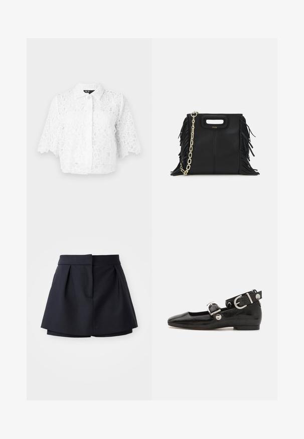 Maje BRIDAL CIBLANCHE - Blusa - blanc; Pantalones cortos de marina con pliegues y cintura alta, fabricados con tejido suave. Presentan un diseño ajustado y un bolsillo delantero oculto.; Zapato plano de charol negro con punta cuadrada, correa de tobillo con herrajes de plata y suela plana. Textura suave con diseño minimalista.; Bolso de mano de cuero negro con detalles de flecos, correa de cadena dorada para el hombro y un asa con corte. Presenta una colocación del logotipo en la parte frontal.