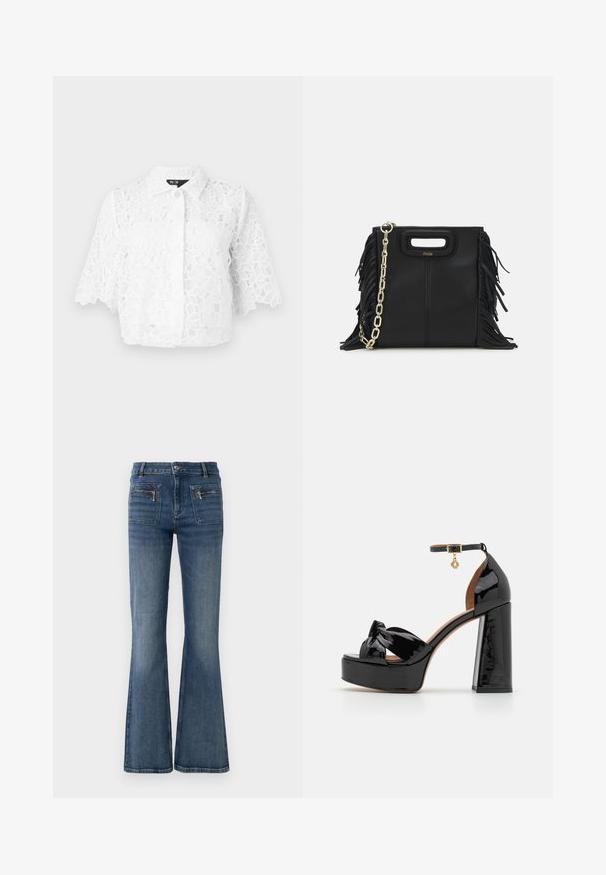 Maje BRIDAL CIBLANCHE - Hemdbluse - blanc; Ausgestellte blaue Jeans aus Denim mit mittelhohem Bund, ausgestattet mit Vorder- und Gesäßtaschen sowie einer dezenten ausgeblichenen Waschung.; Maje High Heel Sandalette - noir; Schwarze Lederhandtasche mit Fransen-Details, goldener Ketten-Schulterriemen und einem ausgeschnittenen Griff. Mit Logoplatzierung auf der Vorderseite.