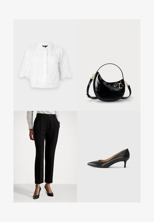 Maje BRIDAL CIBLANCHE - Hemdbluse - blanc; Schwarze, maßgeschneiderte Hose mit hoher Taille, ausgestattet mit Falten, einem Knopfverschluss und seitlichen Taschen. Hergestellt aus glattem Stoff.; Schwarzer Lederpumps mit spitzem Zehenbereich, niedrigem Absatz und glatter Textur. Verfügt über eine leichte Öffnung an der Vorderseite und minimale Beschläge an der Rückseite.; Schwarze Handtasche aus Lackleder in geschwungener Form, mit verstellbarem Trageriemen und goldfarbenen Hardware-Details an der Seite. Glatte, glänzende Textur.