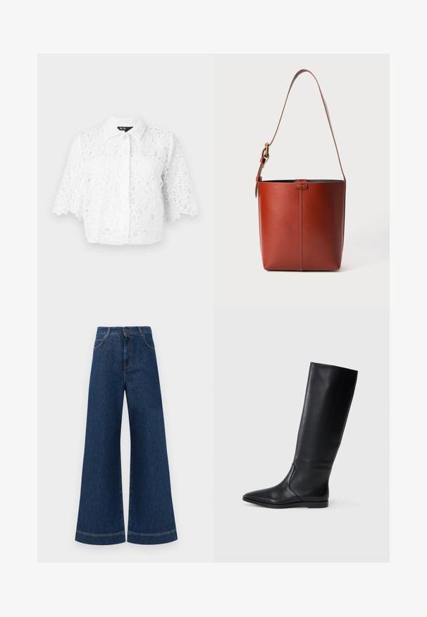 Maje BRIDAL CIBLANCHE - Gombos blúz - blanc; Magas derekú, széles lábú kék farmernadrág, gombos záródással, övhurkokkal és diszkrét varrási részletekkel a zsebeknél és a szegélyeknél.; Fekete bőr, térdig érő csizma hegyes orral és minimalista dizájnnal. Simább textúra és lapos talp, diszkrét oldalsó varrási részletekkel.; Barna bőr vödör táska állítható vállpánttal és aranyszínű csattal, egyszerű függőleges varrással az elején.