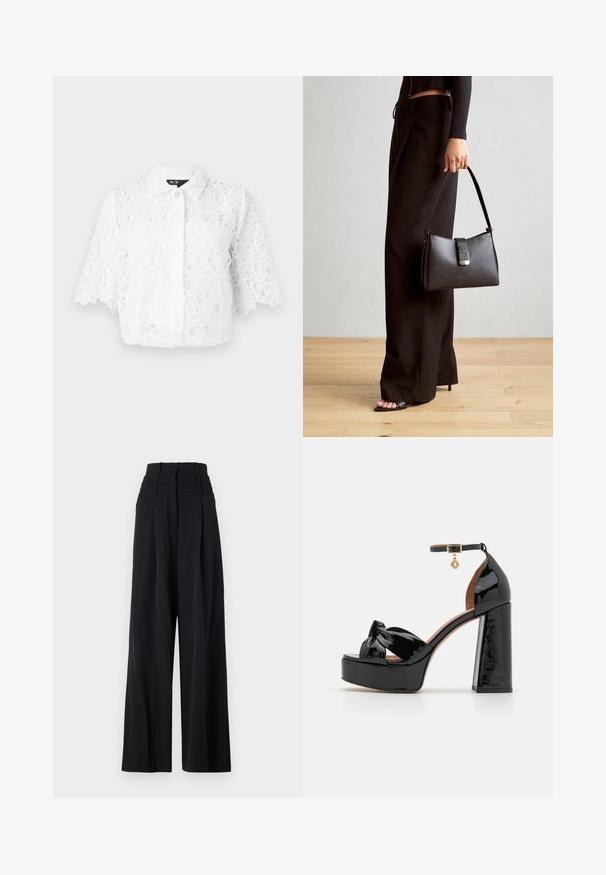 Maje BRIDAL CIBLANCHE - Nööpidega pluus - blanc; Mustad laiad püksid kõrge vöökohaga, millel on esipaneelis kortsud ja sile tekstuur. Ilma nähtavate logode või mustriteta.; Maje Kõrge kontsaga sandaalid - noir; Must musta kott, millel on struktureeritud kuju, sile tekstuur ja metallist klamber. Kombineeritud laiate mustade pükstega ja avatud varvaste sandaalidega puidust põrandal.
