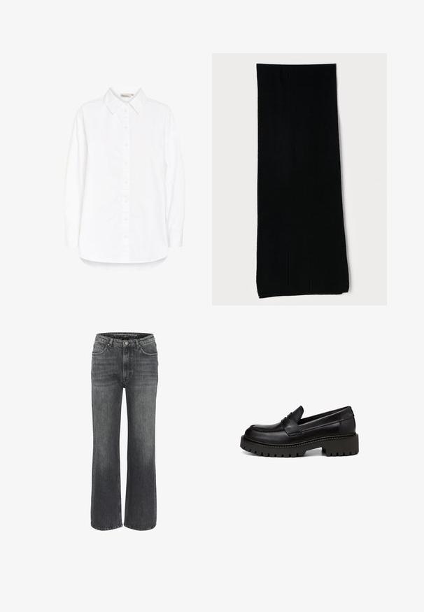 White button-up shirt with a point collar, long sleeves, and a curved hem. Made from a smooth, lightweight fabric. Subtle sheen.; Wide-leg jeans in dark gray denim, featuring a classic five-pocket design, stitched detailing, and a button closure at the waist.; Marc O'Polo LOAFER MIT ROBUSTER PROFIL - Slip-ons - black; Black ribbed long sock made of stretchy material, featuring a smooth texture and consistent color without patterns or embellishments.; Black soft fabric shoulder bag with gathered details, adjustable strap, and tied drawstrings on each side, displayed on a white background.