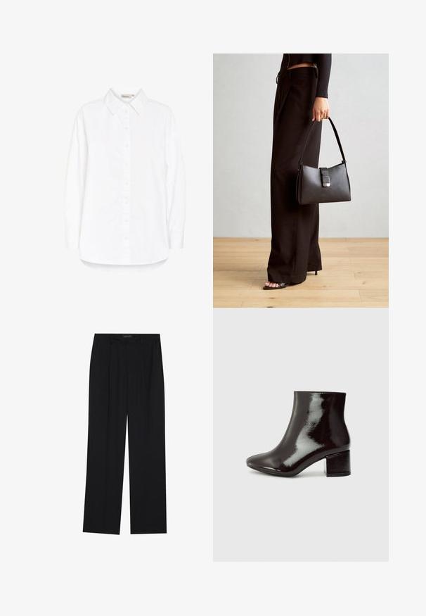 Balta marškinių tipo palaidinė su taškuotu apykakle, ilgomis rankovėmis ir užapvalintu kraštu. Pagaminta iš lygaus, lengvo audinio. Subtilus blizgesys.; Juodos kelnes su tiesiomis sijonais, turinčios dvi priekinės kišenės ir juosmenį. Pagamintos iš lygios, lengvos medžiagos.; Juodos patento odos aulinukai iki kulkšnies su smailiu nosiu ir storu kulnu. Lygus paviršius su subtiliu blizgesiu ir švariomis linijomis, minimalistinis dizainas.; Juodas rankinė struktūrizuota forma, lygi tekstūra ir metalinis užsegimas. Suporuota su plačiomis juodomis kelnėmis ir atvirais bateliais ant medinių grindų.