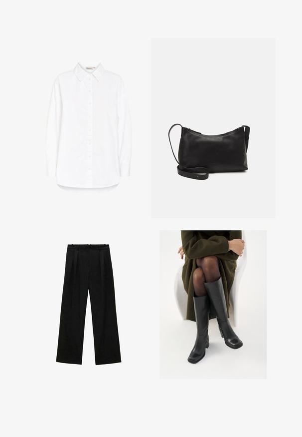 Valkoinen napillinen paita, jossa on pistekaulus, pitkät hihat ja kaareva helma. Valmistettu sileästä, kevyestä kankaasta. Hieman kiiltävä pinta.; Mustat leveälahkeiset housut, joissa on pleateja, sileä textuuri ja korkea vyötärömalli. Minimalistinen tyyli, ei näkyvää varustelua tai koristeita.; Polvisuoja mustat nahastossud, millel on ruudukujuline varvas ja plokk-kints, on esitatud mudeli seljas, kes istub oliivrohelises mantlis. Sile tekstuur, minimaalne detailitus.; Musta nahkainen olkalaukku, jossa on sileä pinta, kaareva muoto, säädettävä hihna ja vetoketjukiinnitys. Minimalistinen muotoilu ilman koristeita.