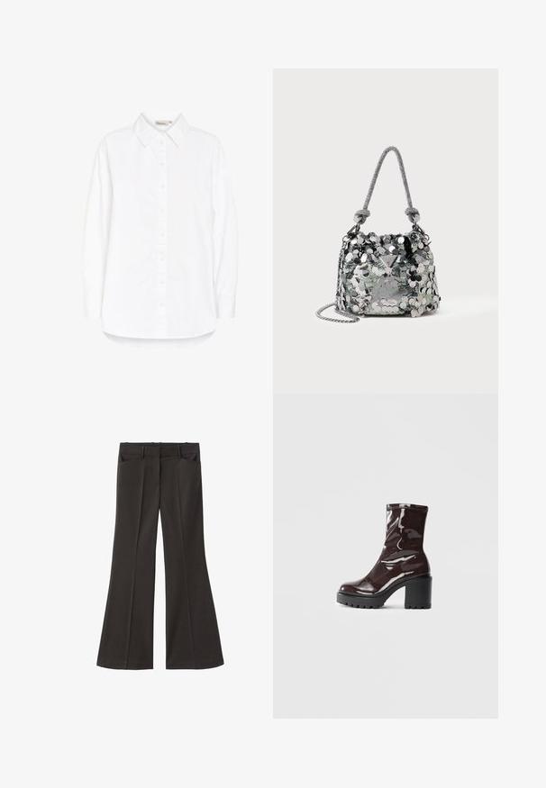 Valkoinen napillinen paita, jossa on pistekaulus, pitkät hihat ja kaareva helma. Valmistettu sileästä, kevyestä kankaasta. Hieman kiiltävä pinta.; Mustat vyötäröltä korkealla loistavat housut; niissä on kaksi etutaskua ja sileä kangaspinta. Sopii eri tilaisuuksiin.; Satea bordeaux berwarna mengkilap dengan tumit hitam tebal, menampilkan tekstur halus dan desain sederhana. Tanpa pengikat atau pola yang terlihat.; Pieni hopea käsilaukku, joka on päällystetty suurilla paljeteilla, jossa on solmittu kahva ja ketjuhihna. Edessä on Guess-brändin logo.