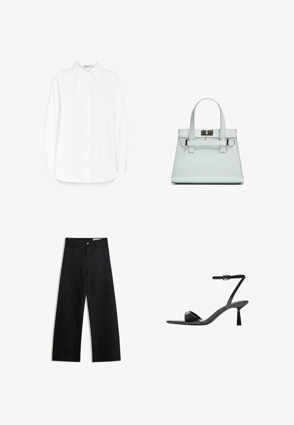 Weißes Hemd mit Knöpfen, spitzem Kragen, langen Ärmeln und abgerundetem Saum. Hergestellt aus einem glatten, leichten Stoff. Dezenter Glanz.; Schwarze weit geschnittene Jeans mit hoher Taille, ausgestattet mit Vorder- und Hintertaschen, gesteppten Nähten und einem Knopfverschluss. Glatte Textur.; Bershka High Heel Sandalette - black; Helle blaue Handtasche mit strukturiertem Design, zwei Griffen und einem Beschlag aus silberfarbenem Metall. Texturiertes Material und scharfe Ecken.