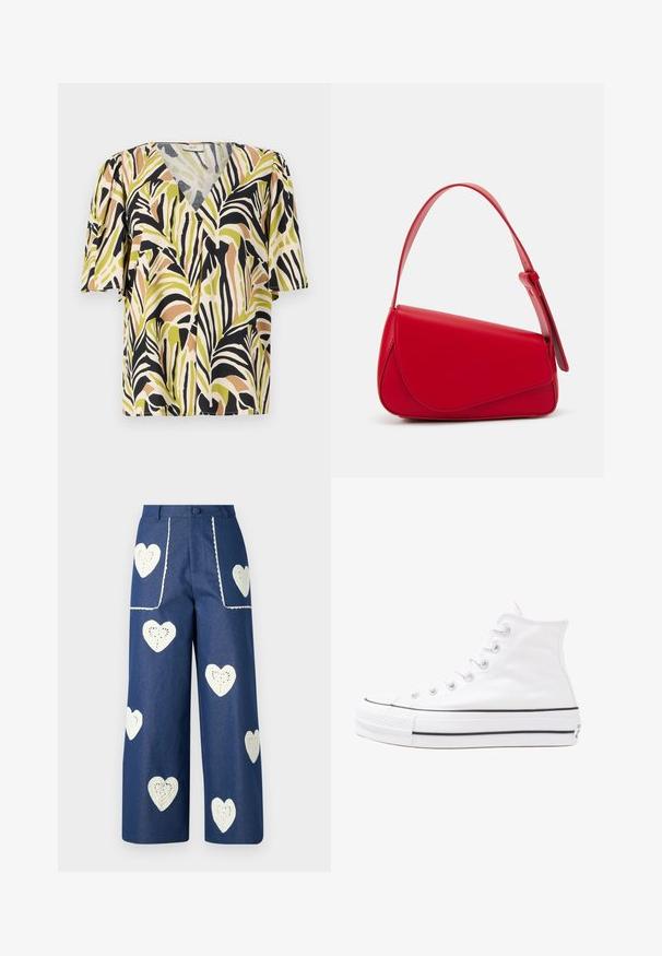 Korte mouwen blouse met een diepe V-hals, voorzien van een multicolore palmbladenpatroon in groen, zwart en bruin op een lichte achtergrond.; Sister Jane HEART TO HEART - Straight leg jeans - blue denim; Witte high-top canvas sneakers met een zwarte rubberen zool, een rubberen neuskap aan de voorkant en zes gaatjes voor veters, met een schone, minimalistische uitstraling.; Rode leren handtas met een hoekig, geometrisch ontwerp. Beschikt over een enkele verstelbare schouderriem en een klepclosure met gestikte details.
