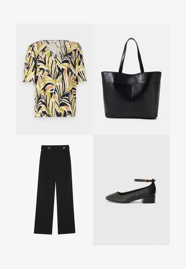 Bluză cu mânecă scurtă și decolteu în V adânc, având un model multicolor de frunze de palmier în verde, negru și marron pe un fundal deschis.; Pantaloni negri cu picioare largi, talie înaltă, detalii cu butoane pe talie și pliseuri în față.; Pantof cu toc negru din piele, cu vârf ascuțit și toc mic pătrat. Dispune de o curea la gleznă cu o cataramă în tonuri de aur. Textură netedă.; Geantă oversized din piele neagră, cu două mânere lungi, de textură netedă și formă structurată. Are un buzunar frontal pentru stocare suplimentară.