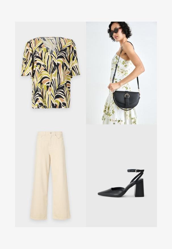 Blusa a maniche corte con scollo a V profondo, caratterizzata da un motivo di foglie di palma multicolore nelle tonalità di verde, nero e marrone su uno sfondo chiaro.; Jeans beige a gamba larga in cotone. Caratterizzati da chiusura con bottone, passanti per cintura e tasche anteriori con una consistenza liscia e morbida.; Pump in pelle nera con punta affusolata, cinturino alla caviglia e tacco spesso. Texture piatta, design elegante ed estetica minimalista.; Borsa a tracolla nera in pelle con una forma curva, manico rimovibile e accessori dorati. La borsa presenta una patta con un dettaglio a fibbia.
