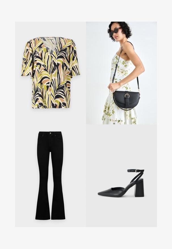 Paita lyhyillä hihoilla, jossa syvä V-pääntie. Paita on monivärinen palmunlehdesuunnitelma vihreällä, mustalla ja ruskealla vaalealla taustalla.; Mustat korkeavyötäröiset farkut nappi- ja vetskariyläosalla, etutaskuilla ja levenevillä lahkeilla, asetettuna tasaisesti valkoista taustaa vasten.; Mustat nahkakengät, joissa on kapea kärki, nilkkaremmi ja paksu korko. Tasainen pinta, tyylikäs muotoilu ja minimalistinen estetiikka.; Musta nahkainen käsilaukku, joka on kaareva muotoilultaan, irrotettavalla hihnalla ja kultaisilla yksityiskohdilla. Laukussa on läppä, jossa on solk yksityiskohta.