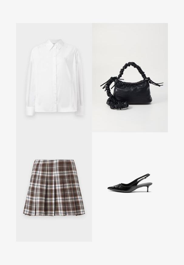 White long-sleeve button-up shirt in a smooth cotton blend. Features a classic collar, front button closure, and rounded cuffs.; Brown and white plaid pleated skirt with a structured design and crisp texture, featuring a high waist and multiple vertical folds.; Black leather slingback heels with a pointed toe, small kitten heel, and a decorative knot detail on the front. Smooth texture throughout.; Black faux leather handbag with a crocodile texture, cinched top, and a scrunched strap. Appears soft and compact in design.