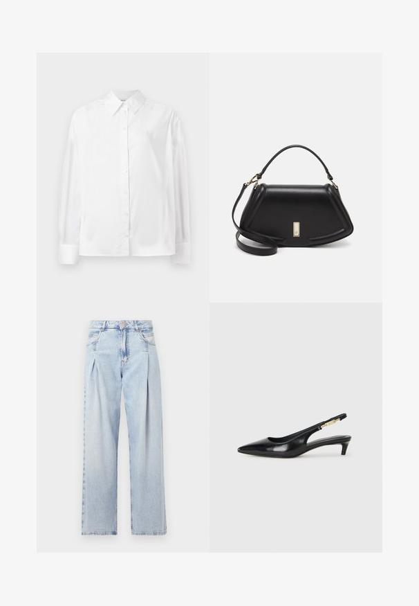 White long-sleeve button-up shirt in a smooth cotton blend. Features a classic collar, front button closure, and rounded cuffs.; Light blue denim jeans with a high waist, wide-leg cut, two side pockets, and pleated design feature. Soft texture with a faded finish.; Black leather slingback heels with a pointed toe, featuring a slim heel and a gold-tone accent on the adjustable strap. Smooth texture.; Black leather handbag with a structured design, featuring a cropped shape, top handle, and gold hardware accent. Adjustable shoulder strap included.
