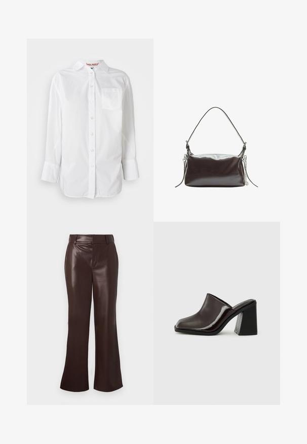 Camicia bianca a maniche lunghe con colletto e taschino sul petto, esposta su uno sfondo semplice.; Pantaloni a zampa d'elefante in finta pelle marrone con una texture liscia, dotati di vita con cintura e zip. Linee pulite e silhouette elegante.; Mocassini in pelle bordeaux scuro con punta quadrata, finitura lucida e un tacco alto chunky e testurizzato di colore nero. Design semplice, stile slip-on.; Borsa a mano in vernice marrone con forma rettangolare strutturata, un manico singolo e un accento in catena argentata su un lato.