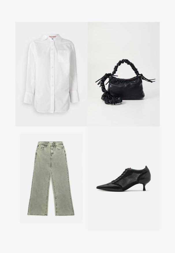 Hvit skjorte med lange ermer og knappestolpe, med krage og brystlomme, vist mot en ensfarget bakgrunn.; Bredde ben jeans i lys grå denim, med høy midje, frontlommer og rå kant. Slitt tekstur gir visuell interesse.; Svart spiss tå-sko med meshpaneldesign, med lav hæl og snøring foran. Laget av en kombinasjon av lær og meshmateriale.; Svart faux skinn-håndveske med krokodilletekstur, strammet topp og en rynket stropp. Ser myk og kompakt ut i designen.