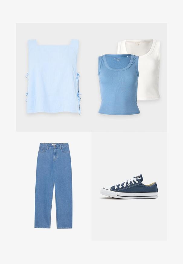 Lysblå linnedragt med firkantet halsudskæring og sideløkker. Den har en glat tekstur og en løs, kasseformet silhuet. Sofistikeret og minimalistisk design.; To stribede toppe: en lys blå og en hvid. Hver har en rund halsudskæring og en tætsiddende silhuet, der fremhæver stoffets tekstur.; Lysblå denim jeans med lige pasform, femlommemodel, enkelt knaplukning og diskrete syninger på sømmene.; Canvas sneakers i navy blue med hvide snørehuller og snørebånd, med en hvid gummitåhætte og en sort stripe langs sålen.