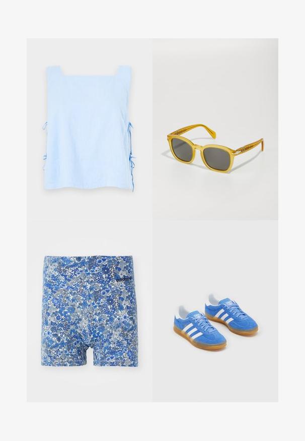 Világoskék lenvászon felső négyzetes kivágással és oldalsó megkötőkkel. Simára fejtett textúrával és laza, doboz alakú szabással rendelkezik. Elegáns és minimalista dizájn.; Kék virágmintás boxeralsó, árnyalatok keverékével, testhezálló fazonban, fekete Adidas logóval a derékpánton.; Kék velúr sportcipők fehér csíkos díszítéssel, gumi talppal és párnázott nyakkal a kényelem érdekében. Hagyományos fűzős dizájnnal rendelkezik.; Sárga, áttetsző műanyag napszemüveg négyzet alakú kerettel és sötétszürke lencsékkel. Díszítő elemek találhatóak a szárakon.; Sötétkék selyem sál, fehér virág- és pöttyös mintákkal, masnira kötve, két hosszú végével a stílusos variálhatóság érdekében.