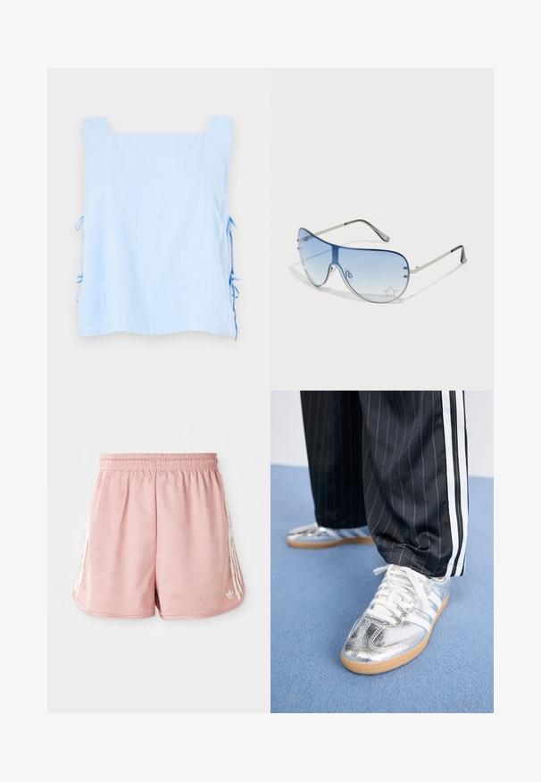 Světle modrý lněný top se čtvercovým výstřihem a bočními stahovacími šňůrkami. Má hladkou texturu a volný, čtvercový střih. Sofistikovaný a minimalistický design.; Růžové sportovní šortky s elastickým pasem, bočními bílými pruhy a malým logem na levém dolním předním dílu. Hladký povrch tkaniny.; Metalické stříbrné tenisky s bílými tkaničkami a třemi bílými pruhy, doplněné černými kalhotami s tenkým proužkem. Gumová podrážka na spodní straně.; Pilotské sluneční brýle s modrými gradientními skly, stříbrným kovovým rámem a dekorativními hvězdnými akcenty na sklech. Hladký a elegantní design.; Stříbrné náušnice s dvěma tvary slzy a dvěma zakulacenými tvary, všechny s lesklým, reflexním povrchem a hladkou texturou.