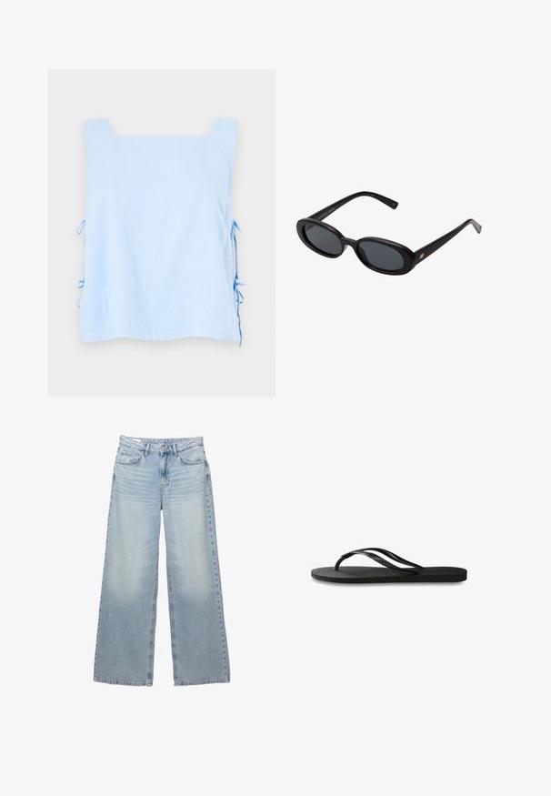 Lysblå linnedragt med firkantet halsudskæring og sideløkker. Den har en glat tekstur og en løs, kasseformet silhuet. Sofistikeret og minimalistisk design.; Lyseblå, vide jeans lavet af denim. Har fem lommer, bæltestropper og en knaplukning. Bleg vask med subtile slidmærker.; Sorte flip-flop med en tekstureret gummisål, to slanke stropper og et subtilt, præget logodetalje på stroppen.; Store store