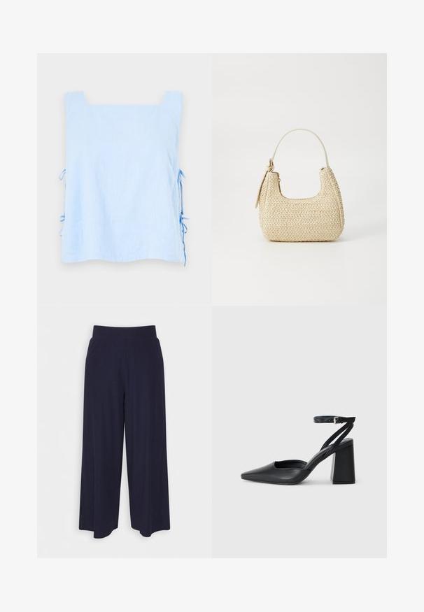 Lyseblå linne topp med firkantet halsutskjæring og sidesnorer. Har en glatt tekstur og en løs, boksformet fasong. Sofistikert og minimalistisk design.; Bredde bukser i mørk marineblå stoff med ribbet tekstur. Har en glatt midje og en luftig silhuett, som når midt på leggen.; Svart lær pumps med spiss tå, ankelrem og kraftig hæl. Flat tekstur, strømlinjeformet design og minimalisme.; Vevd stråveske i beige med buet form, kort håndtak og glidelås på siden. Har teksturert overflate og minimalistisk design.