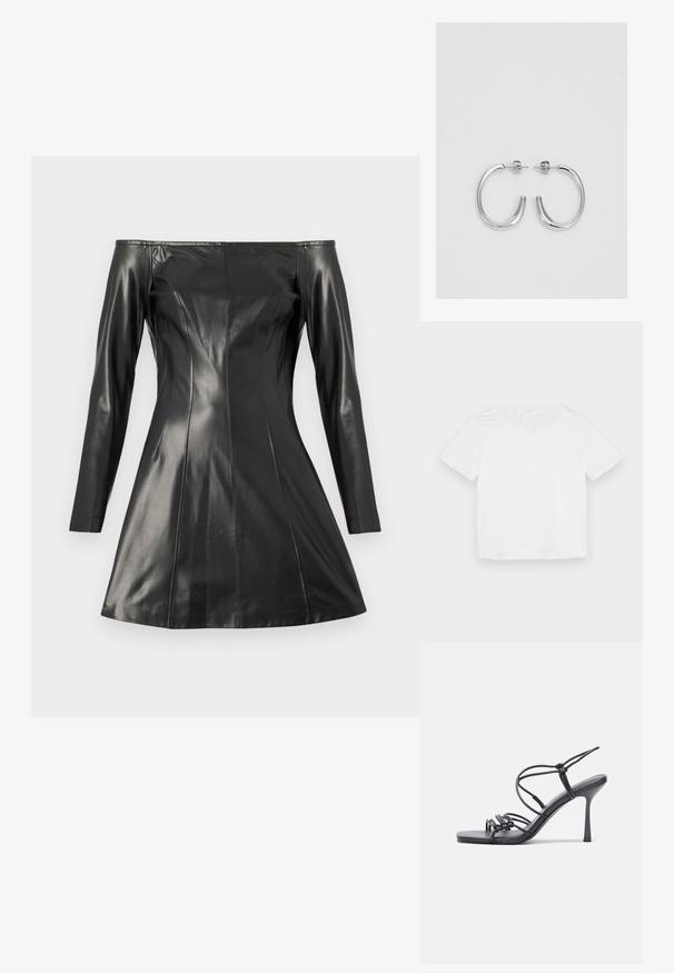 Camisa de t-shirt branca de manga curta, feita de um tecido suave e leve; apresenta um decote redondo e uma pequena abertura em forma de buraco de chave nas costas.; Vestido preto às riscas, sem ombros, feito de couro liso. Apresenta mangas longas, um corte ajustado e uma saia ampla. Costuras e detalhes de textura visíveis.; As sandálias de salto alto pretas apresentam tiras finas com um design em nó, uma biqueira quadrada lisa e um elegante salto agulha.; Bolsa metálica cinza claro com uma alça de corrente, adornada com pequenos rebites metálicos circulares e um logótipo triangular da marca.; Brincos de argola prateados com um acabamento suave e brilhante. Forma arredondada, design leve, com fecho de pino.