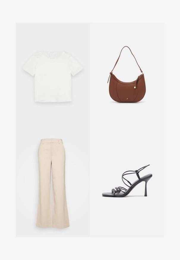 Balts īsām piedurknēm T-krekls, izgatavots no gludas, vieglas auduma; tam ir apaļa kakla izgriezums un neliela atslēgas cauruma atvere aizmugurē.; Beigā krāsā platās bikses ar gludu tekstūru, ar augstu jostasvietu un divām priekšējām kabatām. Tīrs dizains ar piegriezumu, kas pielāgots ķermenim.; Melnas augstpapēžu sandales ar plāniem siksniņām un mezgla dizainu, gluda kvadrātveida purngalu un elegantu stiletto papēdi.; Brūns mākslīgās ādas pleca soma ar izliekta forma, minimāls šuvums un zelta toņa aparatūras akcenti. Aprīkota ar augšējo rāvējslēdzēju un regulējamu siksnu.