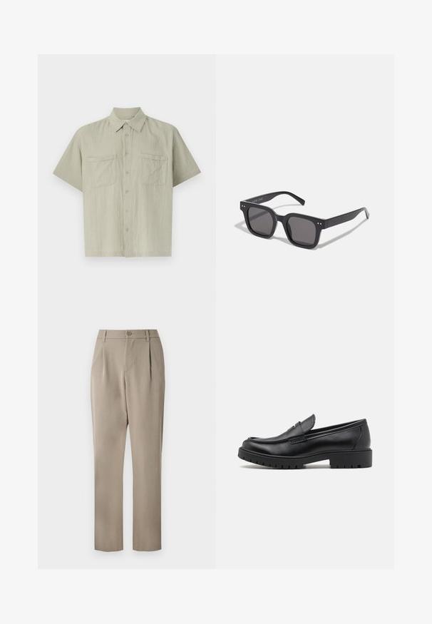 Light gray, short-sleeved shirt made of textured fabric. Features a button-up front and two chest pockets. Classic collar design.; Khaki trousers with a straight-leg design, featuring a button closure and pleated front. Made from smooth fabric with a matte finish.; Black leather loafers with a rounded toe, slip-on design, and thick rubber sole featuring a textured grip. Elevated heel and subtle stitching details.; Black rectangular sunglasses with dark lenses, featuring a thick frame, subtle accents on the sides, and no visible logos beyond the brand name.; Beige canvas tote bag with two handles, featuring a large dark brown logo text "THE NORTH FACE" and a semi-circular design element.; Silver stainless steel watch with a black dial, marked hour indicators, date display, and water resistance up to 50 meters.