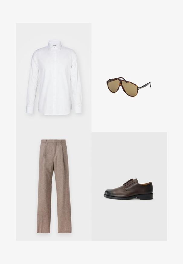 Garās piedurknes balta krekls, izgatavots no kokvilnas, ar apkakli, pogu aizdari un pielāgotu piegriezumu ar sānu šķēlumiem malā.; Brūni, augstos šortos izgatavoti no teksturēta auduma. Iezīmē plašas kājas un divas priekšējās krokas, kas nodrošina struktūru. Kārtīga apdare bez redzamām detaļām.; Brūnu ādas kurpes ar noapaļotu purngala formu, zemu papēdi, saitēm un gludu virsmu. Iezīmē minimālu šūšanu un spīdīgu apdari.; Tortoiseshell saulesbrilles ar brūnām lēcēm, aviatora stila, ar elegantu apmales dizainu un metāla akcentiem uz tempļiem.