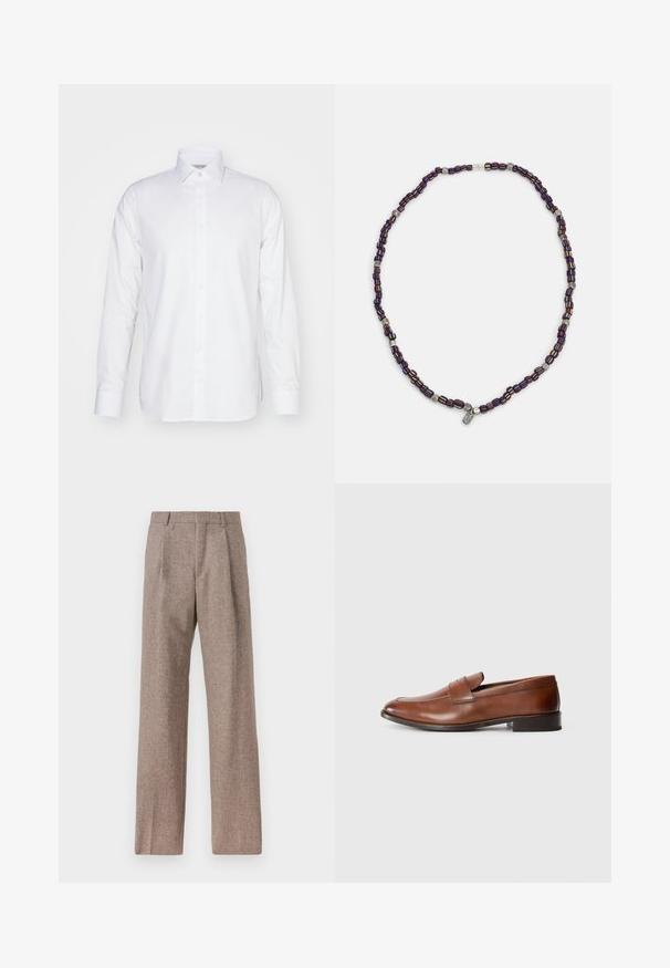 Bela srajca z dolgimi rokavi iz bombaža, s ovratnikom, gumbnim zapenjanjem in prilegajočim krojem ter stranskimi razporki na robu.; Rjave hlače z visokim pasom, izdelane iz teksturirane tkanine. Imajo široke noge in dve sprednji pregibi za strukturo. Urejen zaključek brez vidne strojne opreme.; Rjave usnjene loafers čevlje z zaobljenim prstom, minimalnim šivanjem in nizko blok peto. Imajo dekorativen trak čez zgornji del.; Večbarvna ogrlica iz perlic z temno modrimi, rdečimi in rumenimi perlicami, prepletenimi s srebrnimi poudarki in visečim čarom.