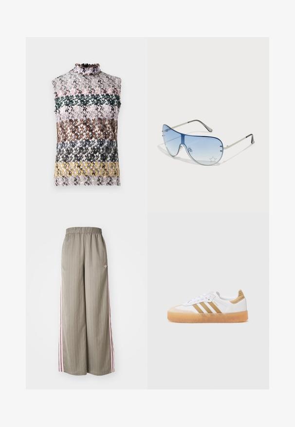 Sleeveless top with a high ruffled neckline, featuring horizontal stripes of multicolored floral lace in pink, green, brown, and yellow.; Light olive green wide-leg pants with vertical pinstripes, elastic waistband, and pink side stripes. Features a small logo on the hip.; White sneaker with beige accents, featuring three stripes, a rounded toe, and a translucent gum sole. Smooth leather and textile materials.; Aviator sunglasses featuring a gradient blue lens, silver metal frame, and decorative star accents on the lens. Smooth and sleek design.