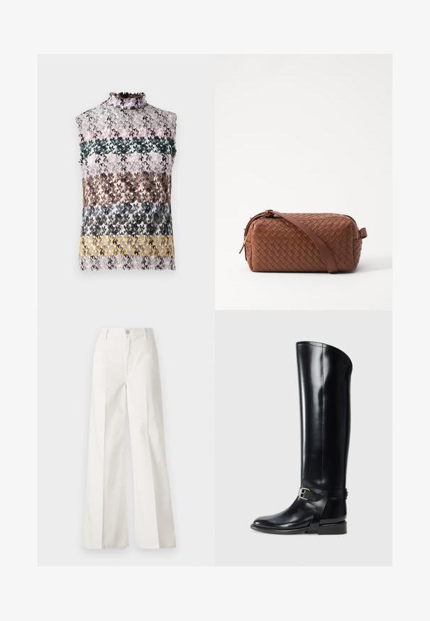 Kätistega topp kõrge volangkaelusega, millel on horisontaalsed triibud mitmevärvilisest lilleline pitsist roosas, rohelises, pruunis ja kollases.; Valged laiade jalgadega püksid, mis on valmistatud siledast puuvillast. Omab esitallist ning lukuga sulgemist ja nelja tasku disaini.; Casadei RIDERAMA WIZZARD - Saapad - black; Pruunist paelatest kott, millel on ristkülikuline kuju, sile tekstuur, tõmbluku sulgemine ja õlarihm. Omab külgkäepidet ja kuldseid aktsente.